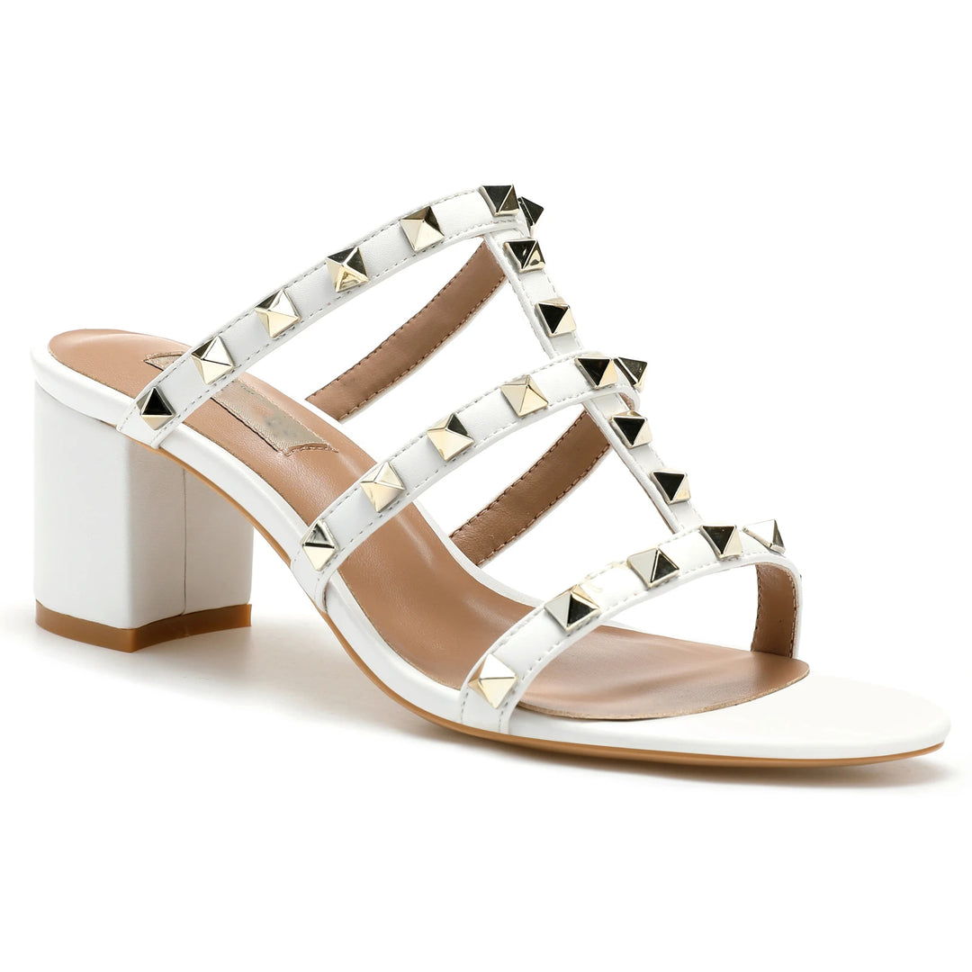 【Measure your feet length before order】Gladiator Women Block High Heels Slide Sandals Rivet Fashion Party Dress Shoes 75-CHC-33