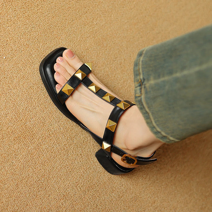 US 5-10Size Genuine Leather Studded Slingback Heel Rivet Women's Sandals With Adjustable Ankle Buckle Roman Pumps  Heels Sandals