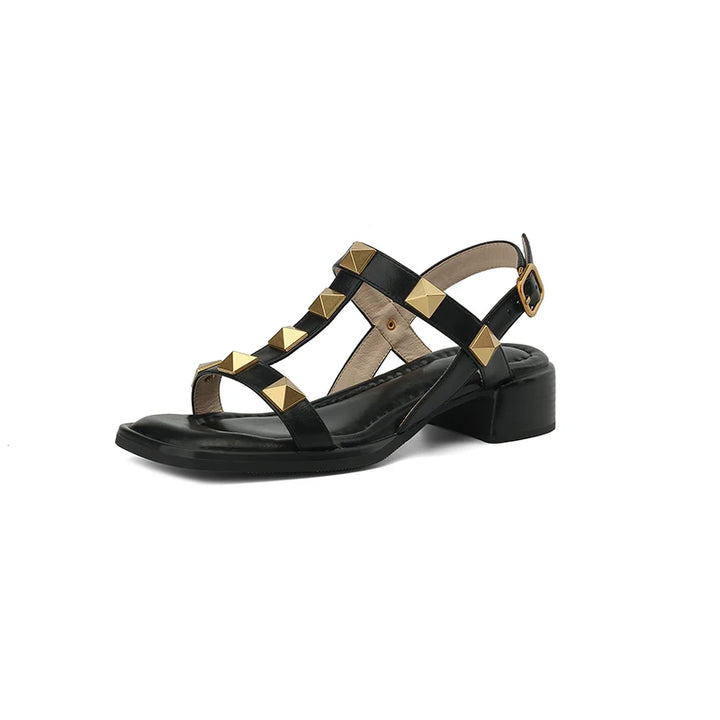 US 5-10Size Genuine Leather Studded Slingback Heel Rivet Women's Sandals With Adjustable Ankle Buckle Roman Pumps  Heels Sandals