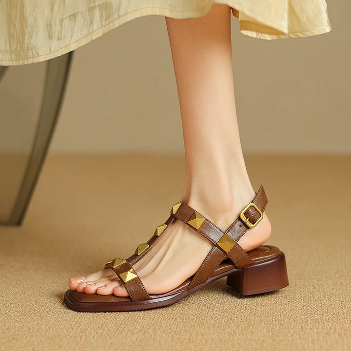 US 5-10Size Genuine Leather Studded Slingback Heel Rivet Women's Sandals With Adjustable Ankle Buckle Roman Pumps  Heels Sandals